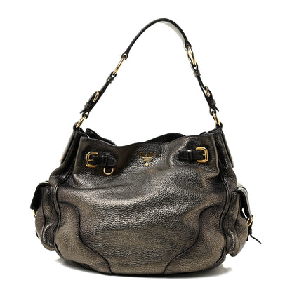 Prada Metallic Vitello Daino Side Pocket Tote Bag Acciaio 2 of 22