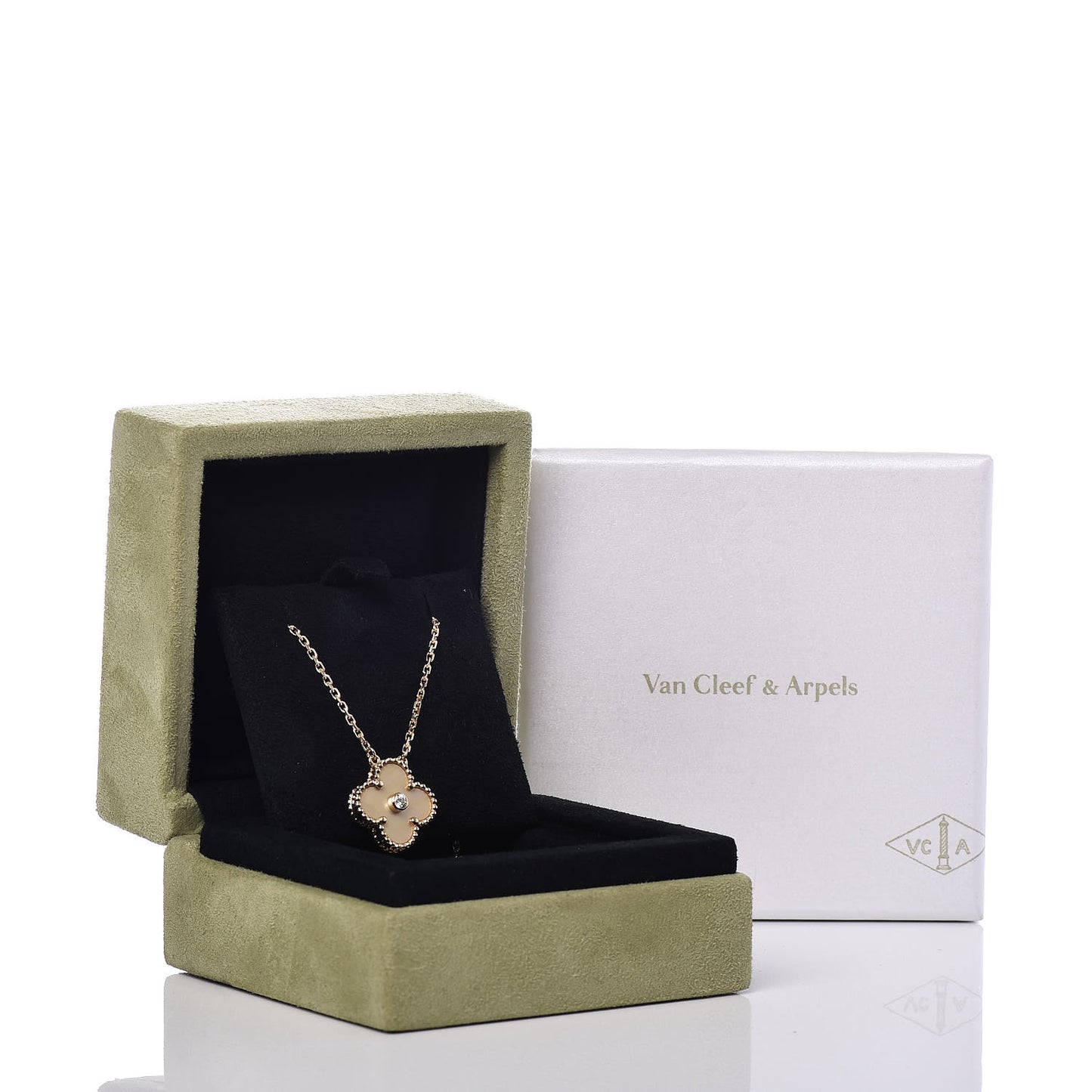 18K Yellow Gold Diamond Yellow Mother of Pearl Vintage Alhambra Pendant Necklace