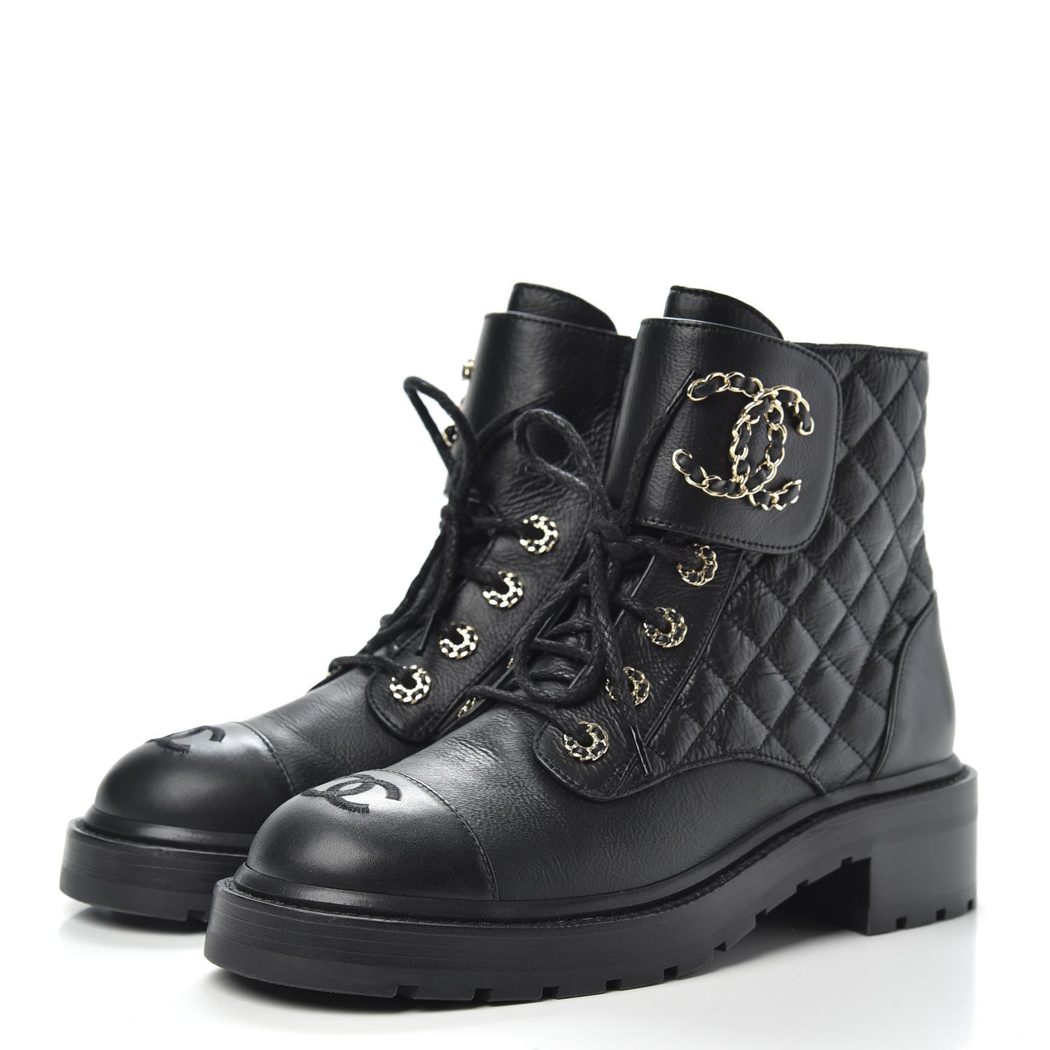 Chanel Shiny Goatskin Calfskin Quilted Lace Up Combat Boots 39 Black 3 of 9