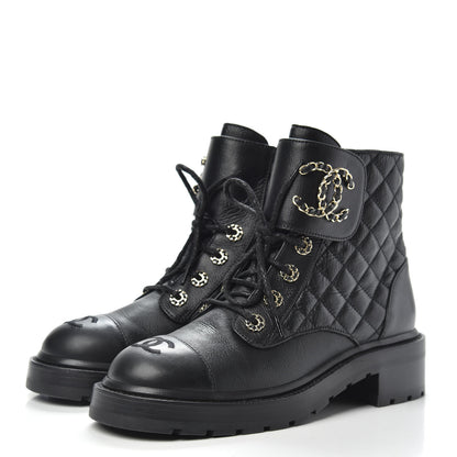 Chanel Shiny Goatskin Calfskin Quilted Lace Up Combat Boots 39 Black 3 of 9
