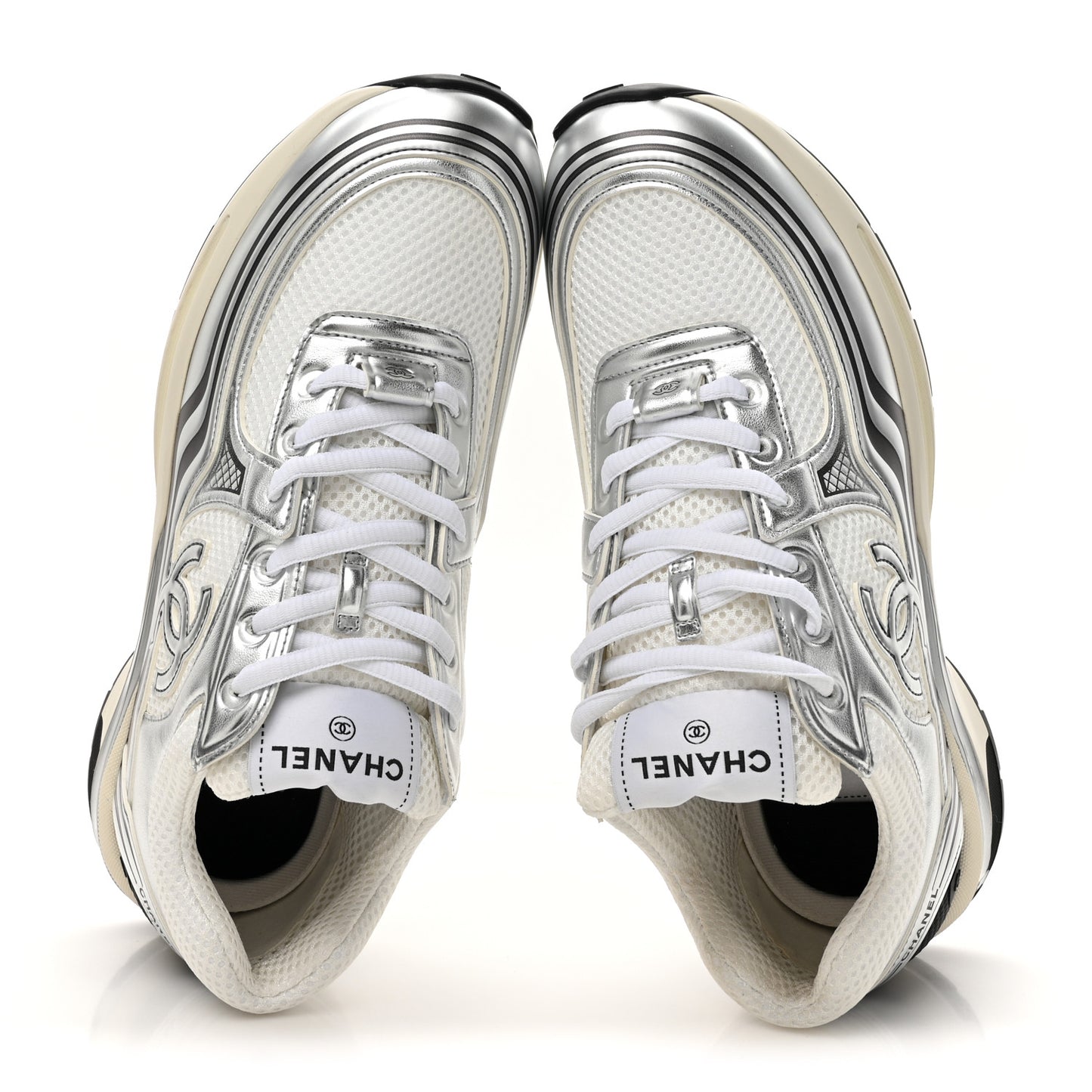 Fabric Laminated Calfskin Stretch CC Womens Sneakers 40 White Silver