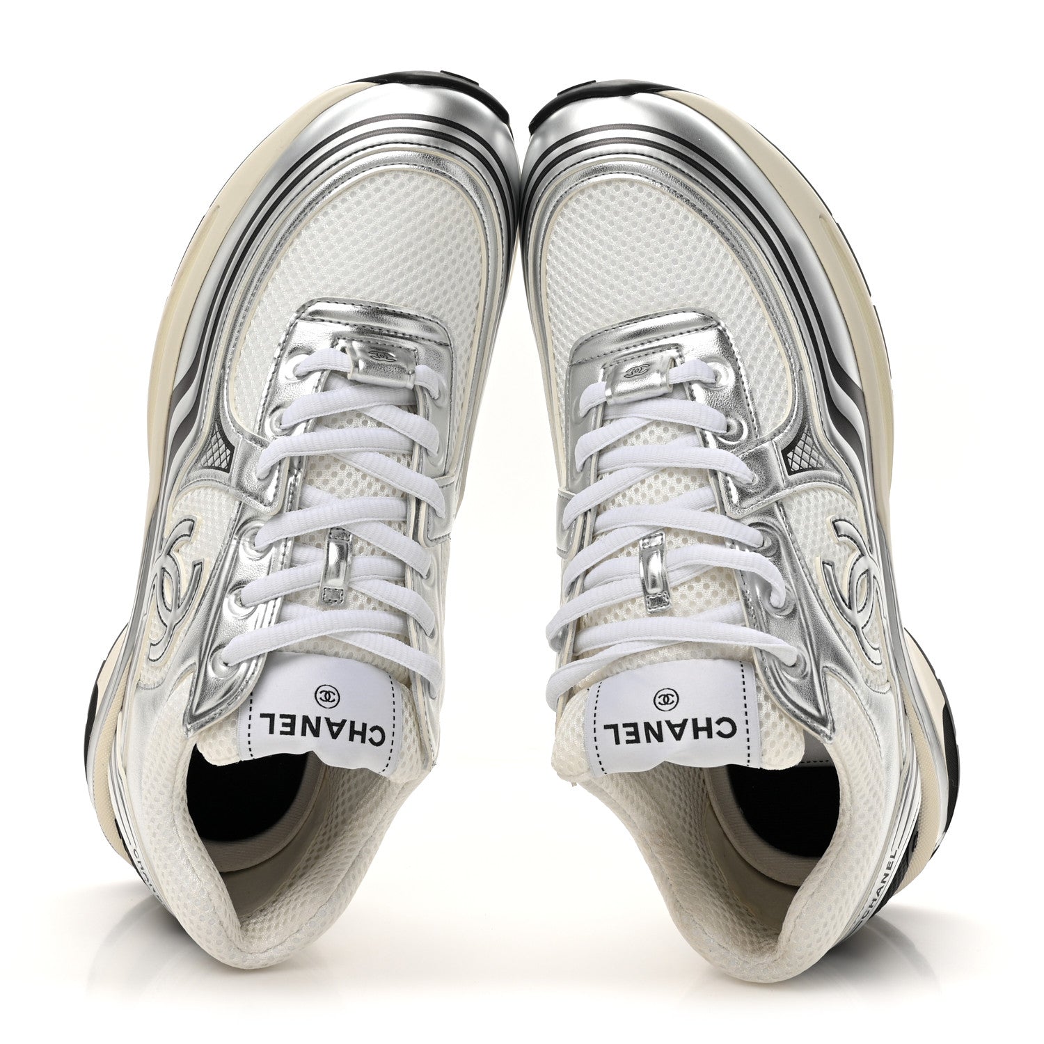 Chanel Fabric Laminated Calfskin Stretch CC Womens Sneakers 40 White Silver 2 of 10