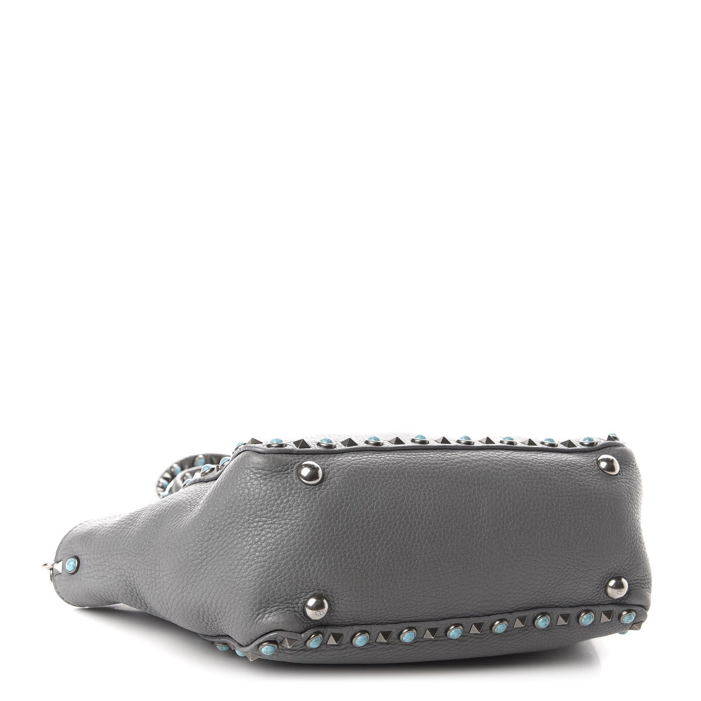 Grained Calfskin Turquoise Small Rockstud Rolling Tote Light Stone