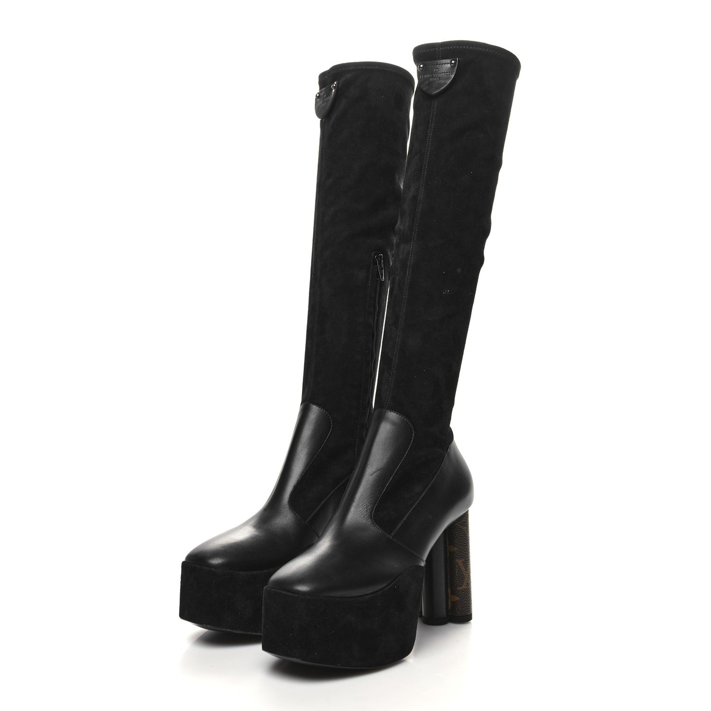 Suede Calfskin Monogram Podium Platform Thigh Boots 36 Black