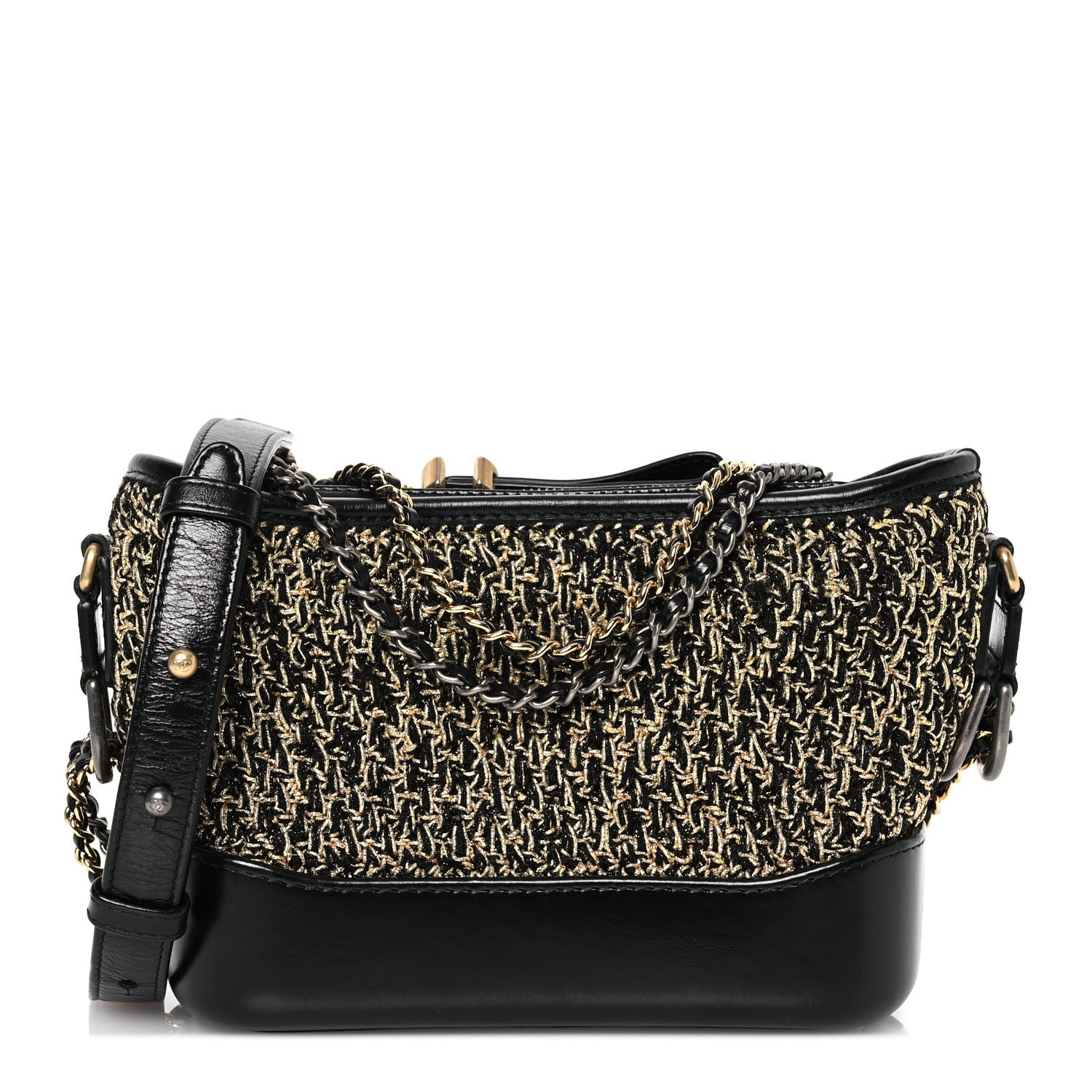 Chanel Tweed Calfskin Quilted Small Gabrielle Hobo Black Gold 1 of 14