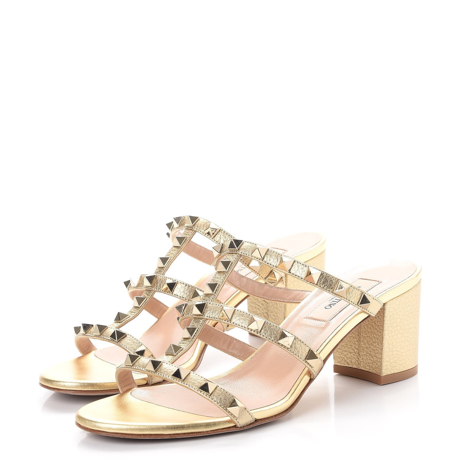 Valentino Garavani Metallic Pebbled Calfskin Rockstud 60mm Caged Slide Sandals 37 Skin 3 of 11