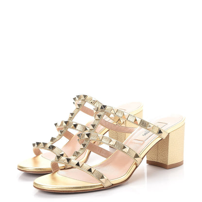 Valentino Garavani Metallic Pebbled Calfskin Rockstud 60mm Caged Slide Sandals 37 Skin 3 of 11