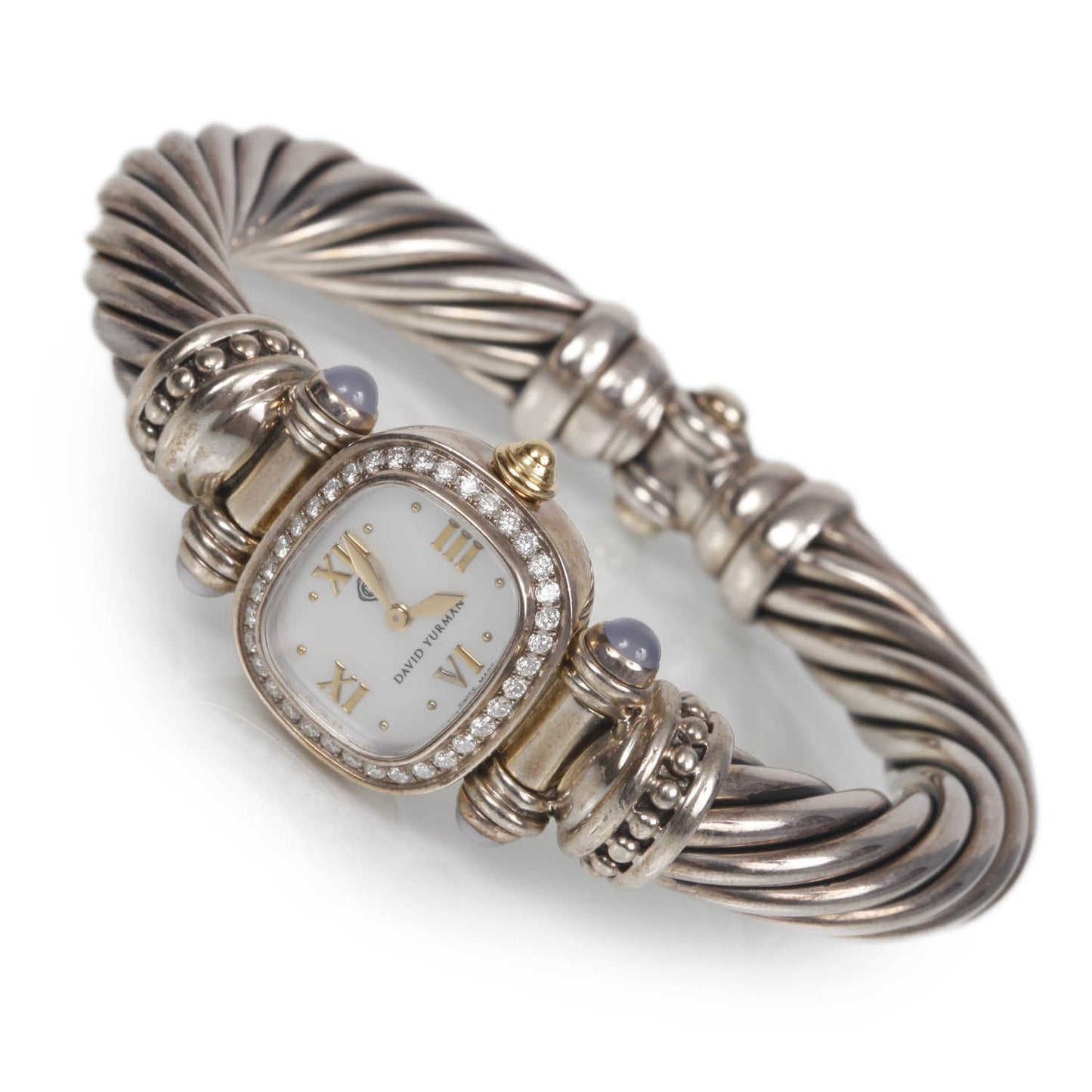 Sterling Silver 18K Yellow Gold Diamond Bezel Mother of Pearl 21mm Classic Cable Quartz Watch