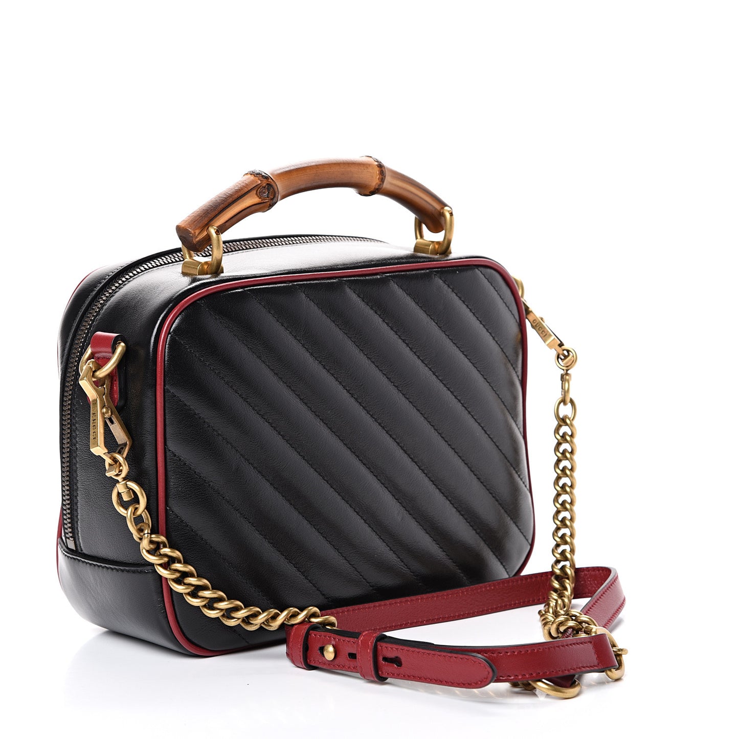 Vintage Effect Calfskin Matelasse Diagonal Small Torchon GG Marmont Bamboo Top Handle Shoulder Bag Black Romantic Cherry