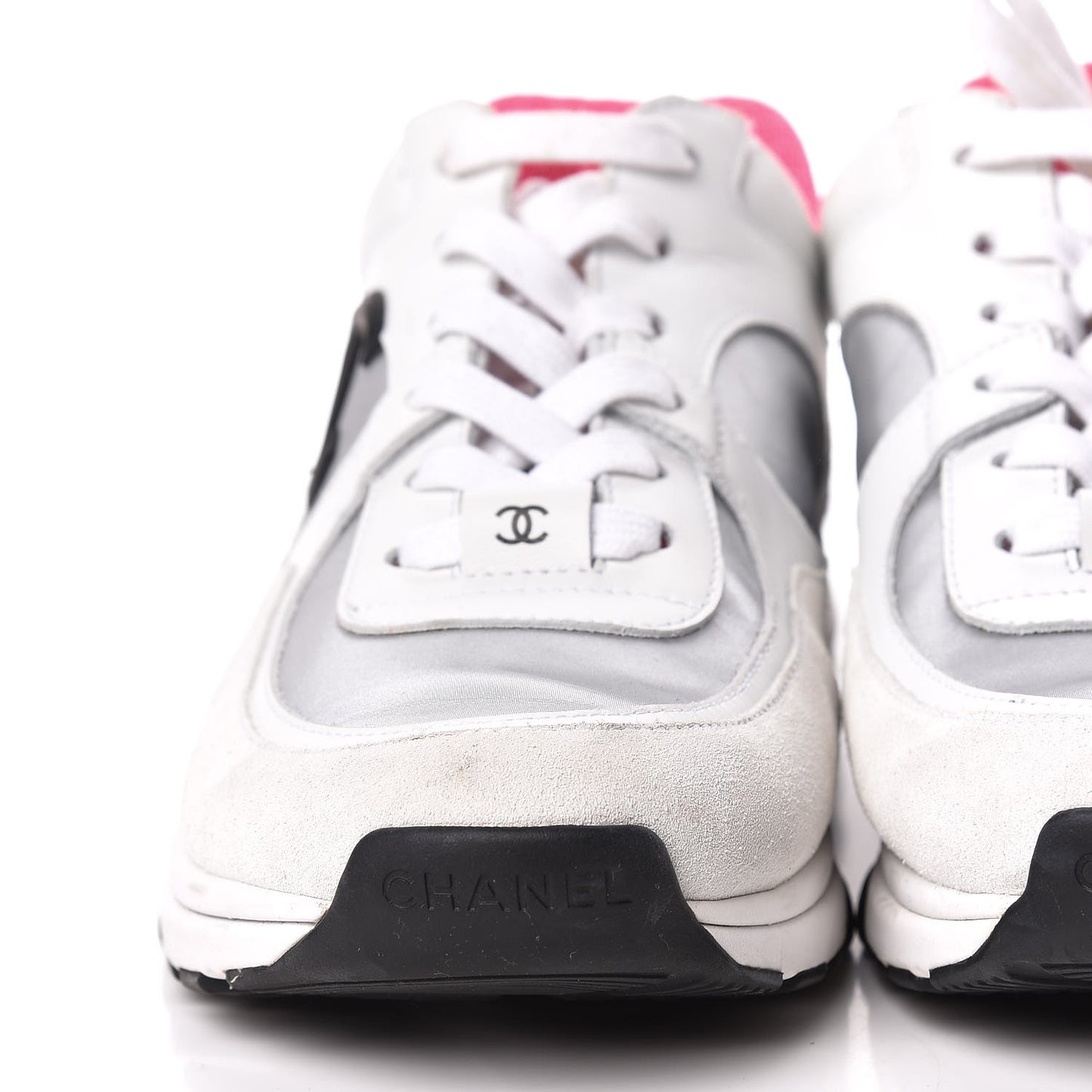 Suede Calfskin CC Sneakers 38.5 White Silver Fluo Pink