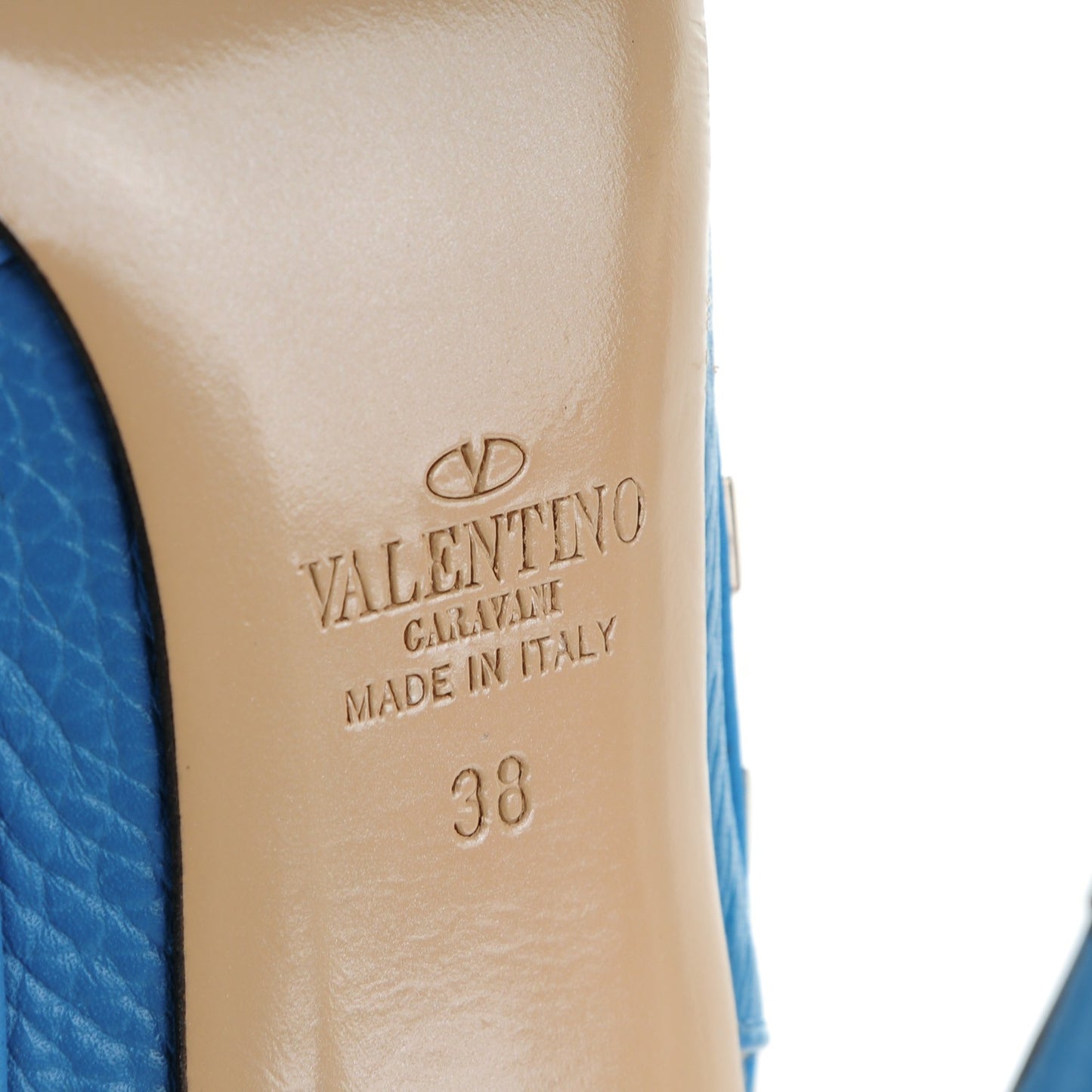 Pebbled Calfskin Rockstud Ankle Strap Pumps 38 Light Blue