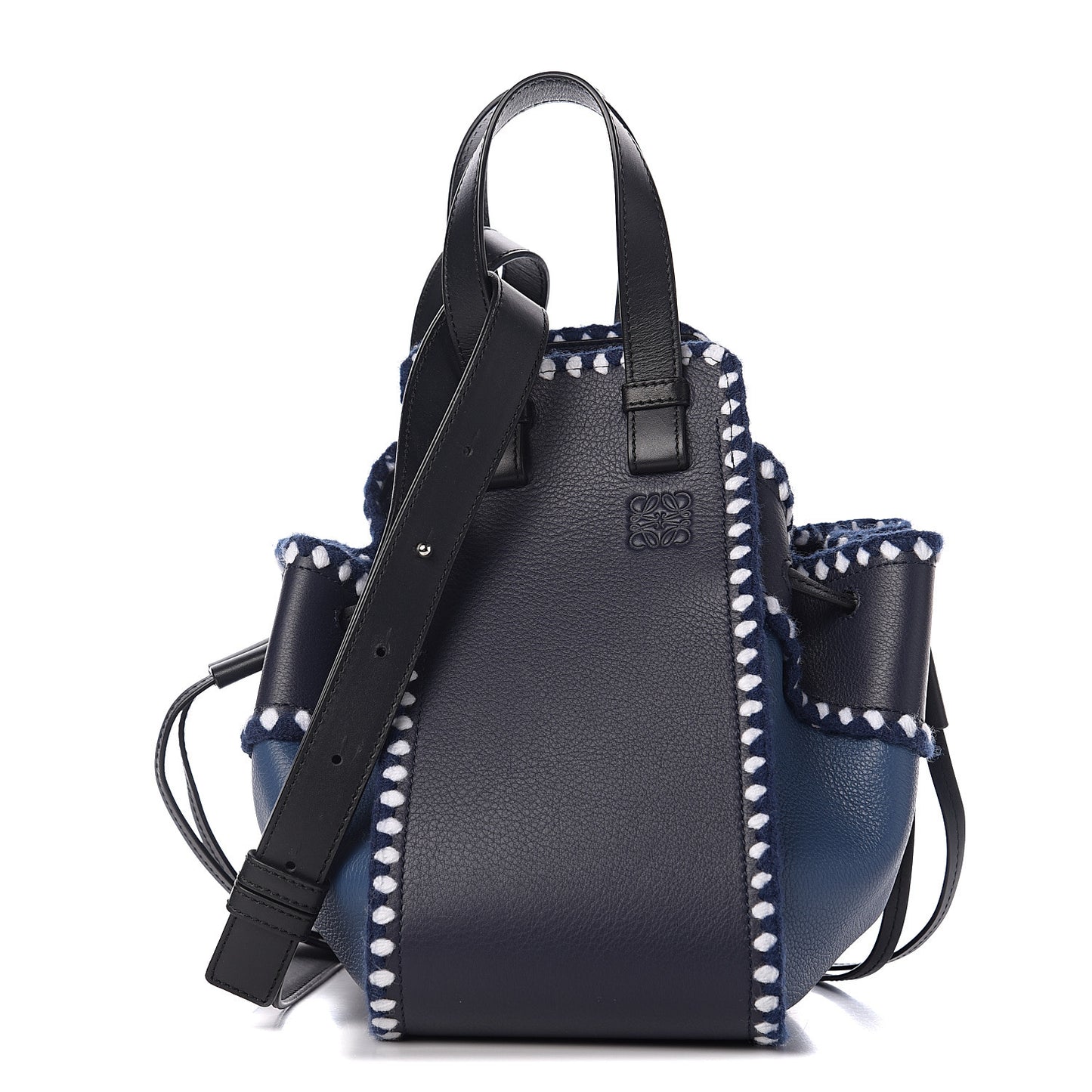 Calfskin Crochet Trim Hammock Shoulder Bag Marine Black