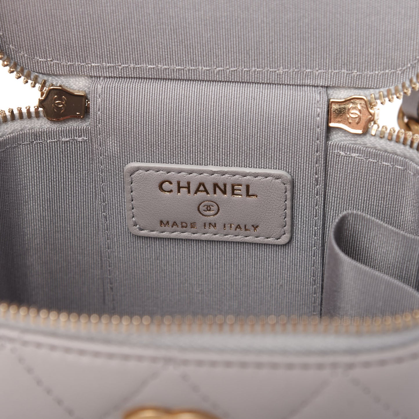 Lambskin Quilted Top Handle Mini Vanity Case With Chain Grey