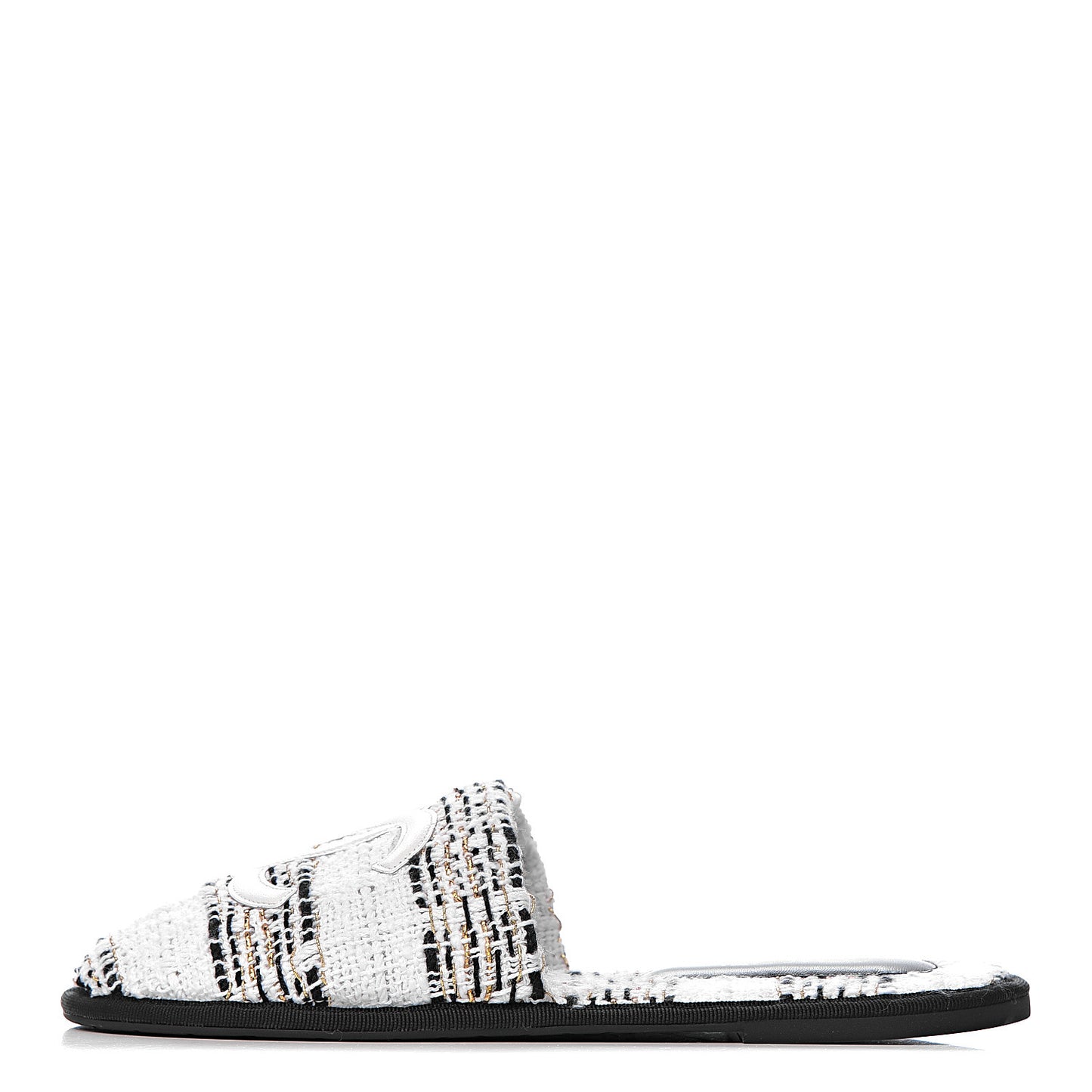 Tweed CC Flat Mules M White Black Gold