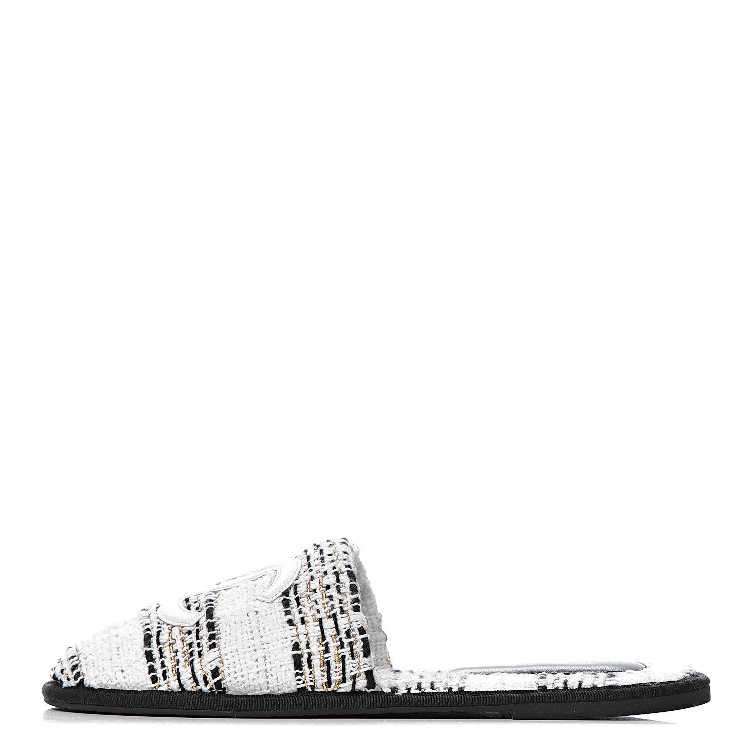 Chanel Tweed CC Flat Mules M White Black Gold 1 of 11
