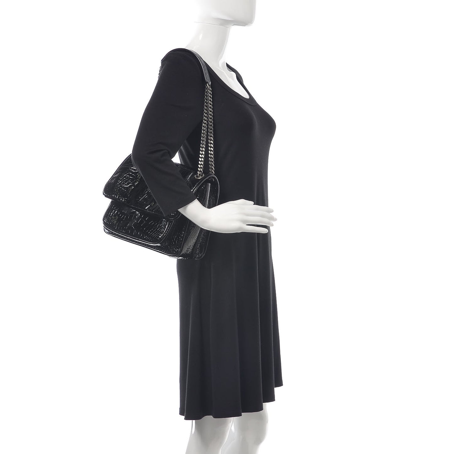 Patent Crocodile Embossed Lambskin Monogram Medium Niki Chain Satchel Black