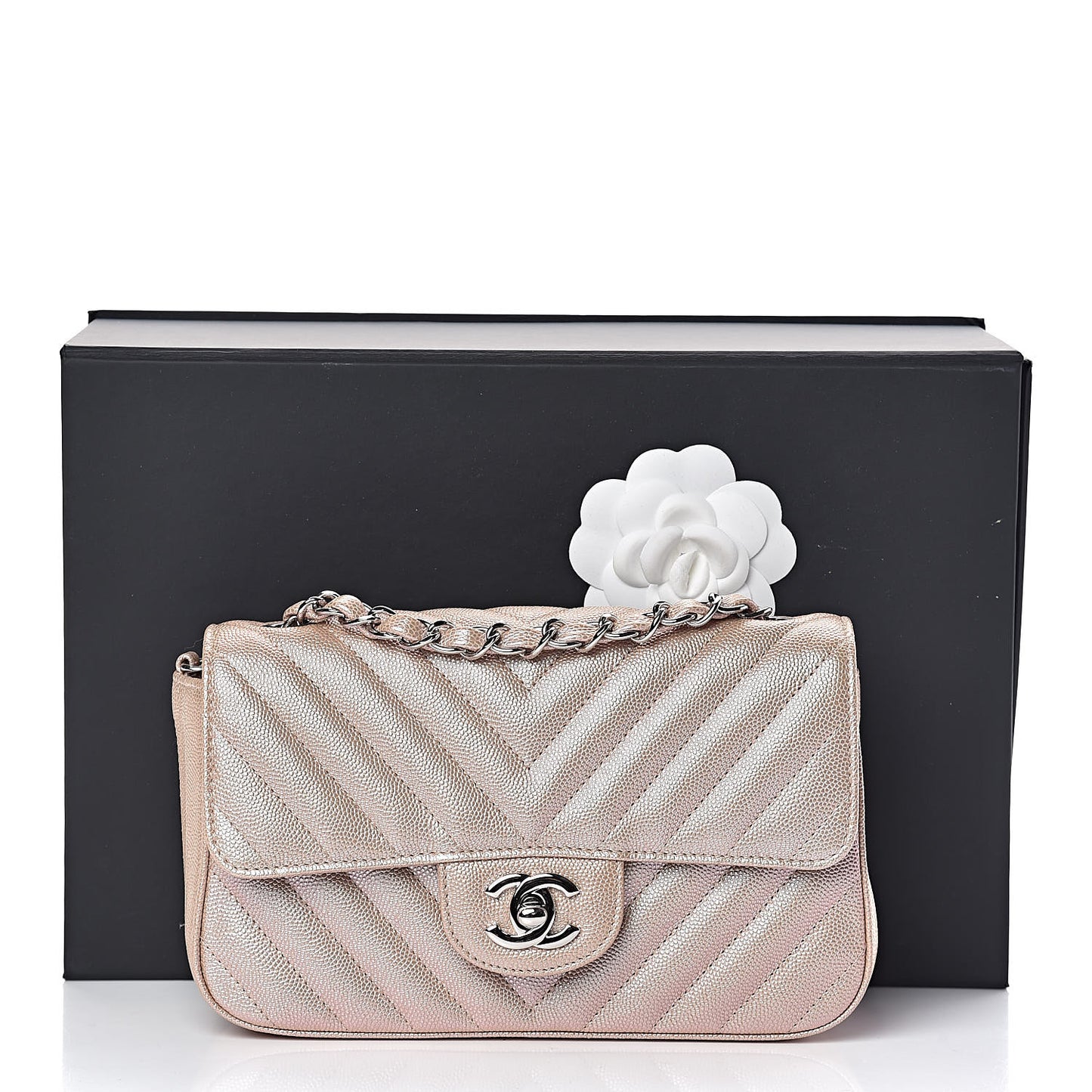 Iridescent Caviar Chevron Quilted Mini Rectangular Flap Light Gold