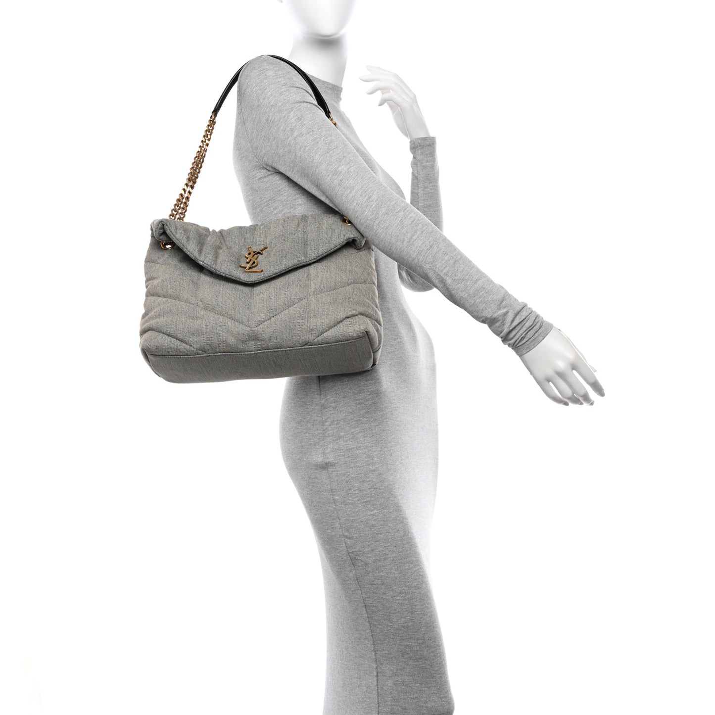 Denim Quilted Medium Loulou Puffer Monogram Chain Satchel Azur