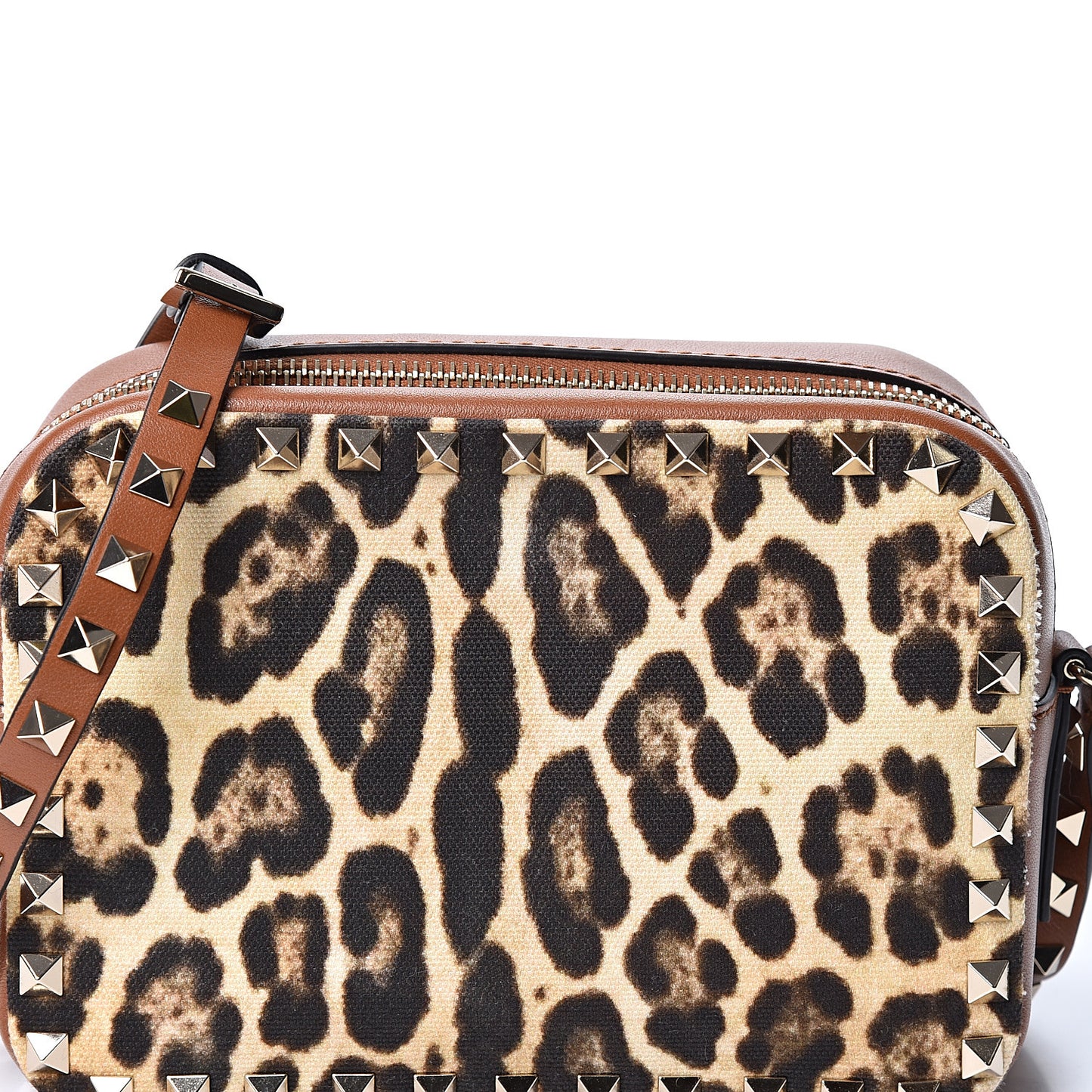 Nappa Canvas Leopard Print Rockstud Camera Crossbody Bag Brown