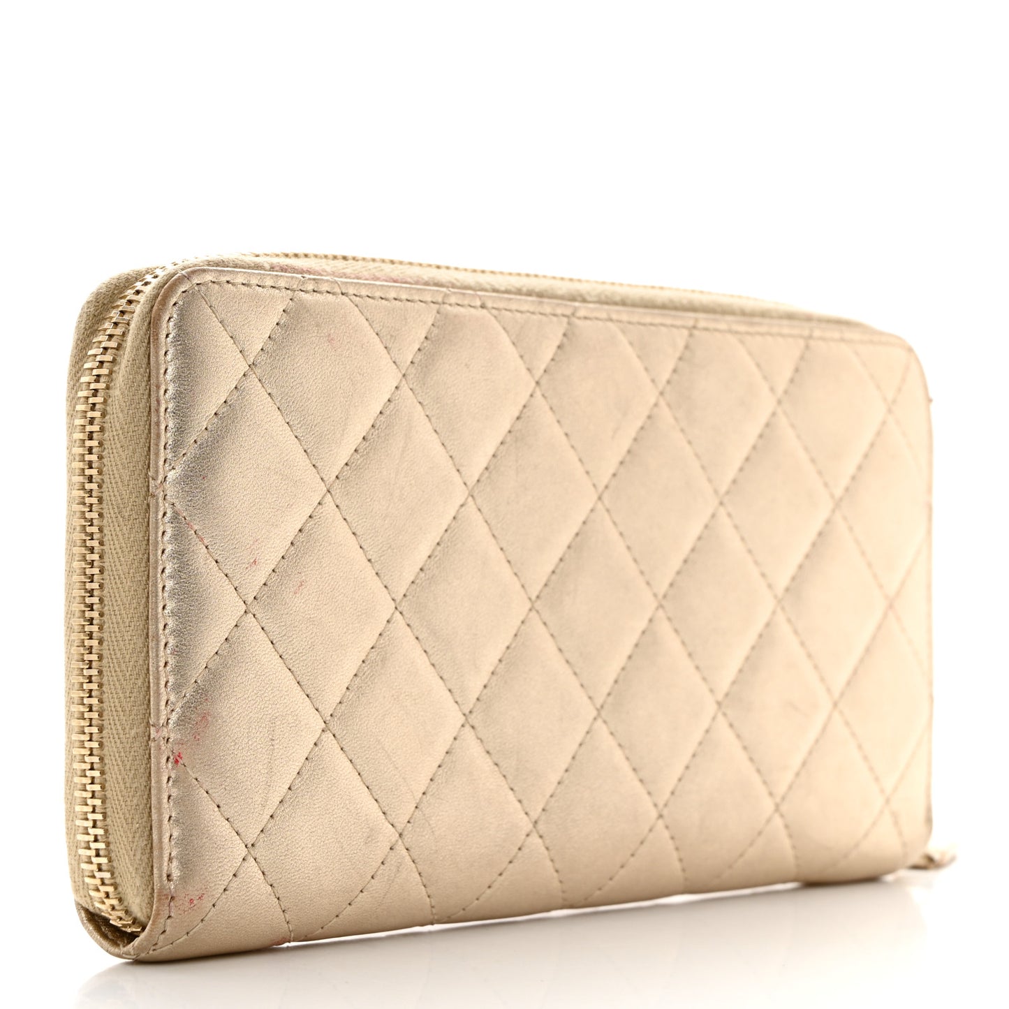 Metallic Lambskin Quilted Large Gusset Zip Around Wallet Gold