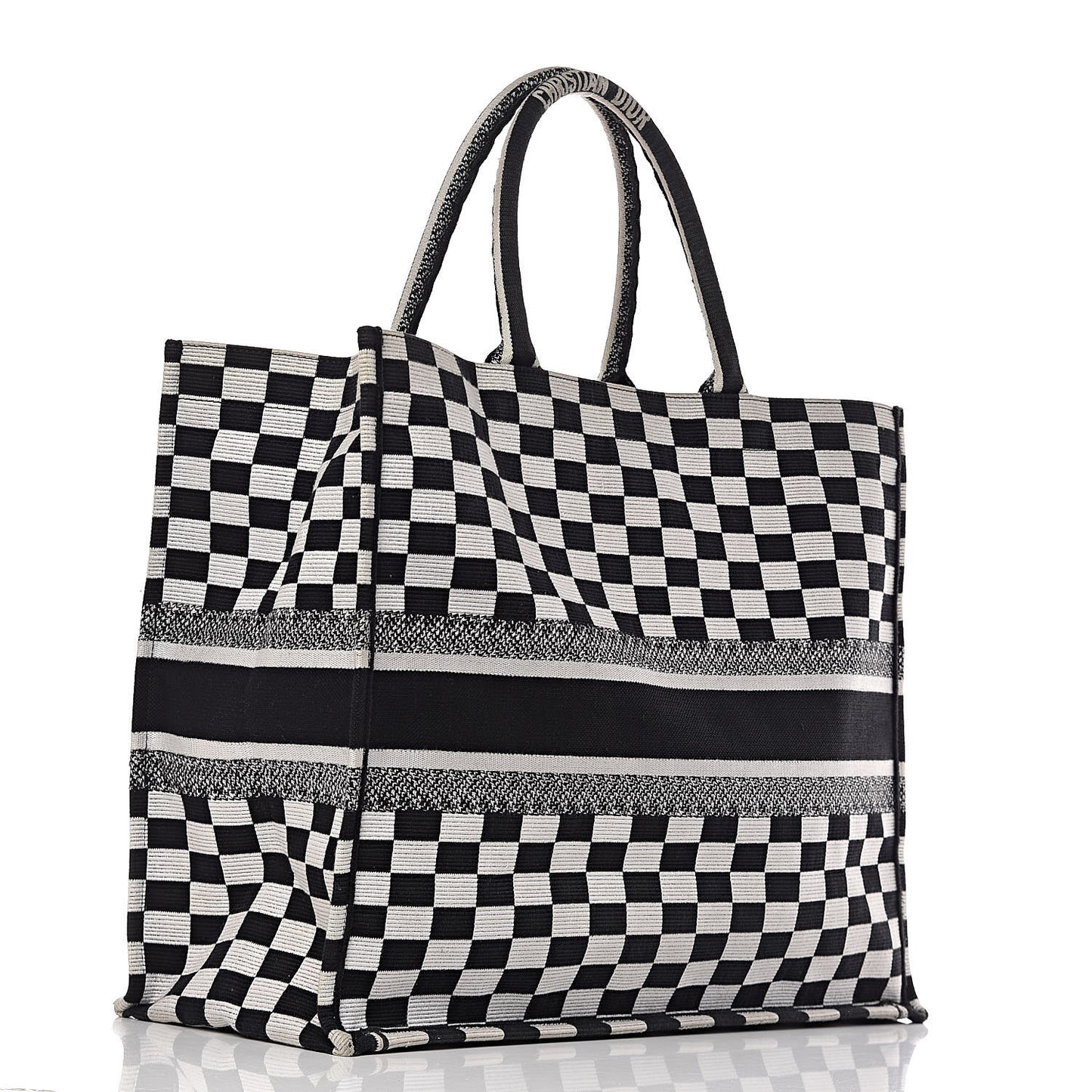 Canvas Embroidered Checkered Book Tote Black White