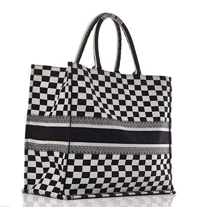 Christian Dior Canvas Embroidered Checkered Book Tote Black White 3 of 12