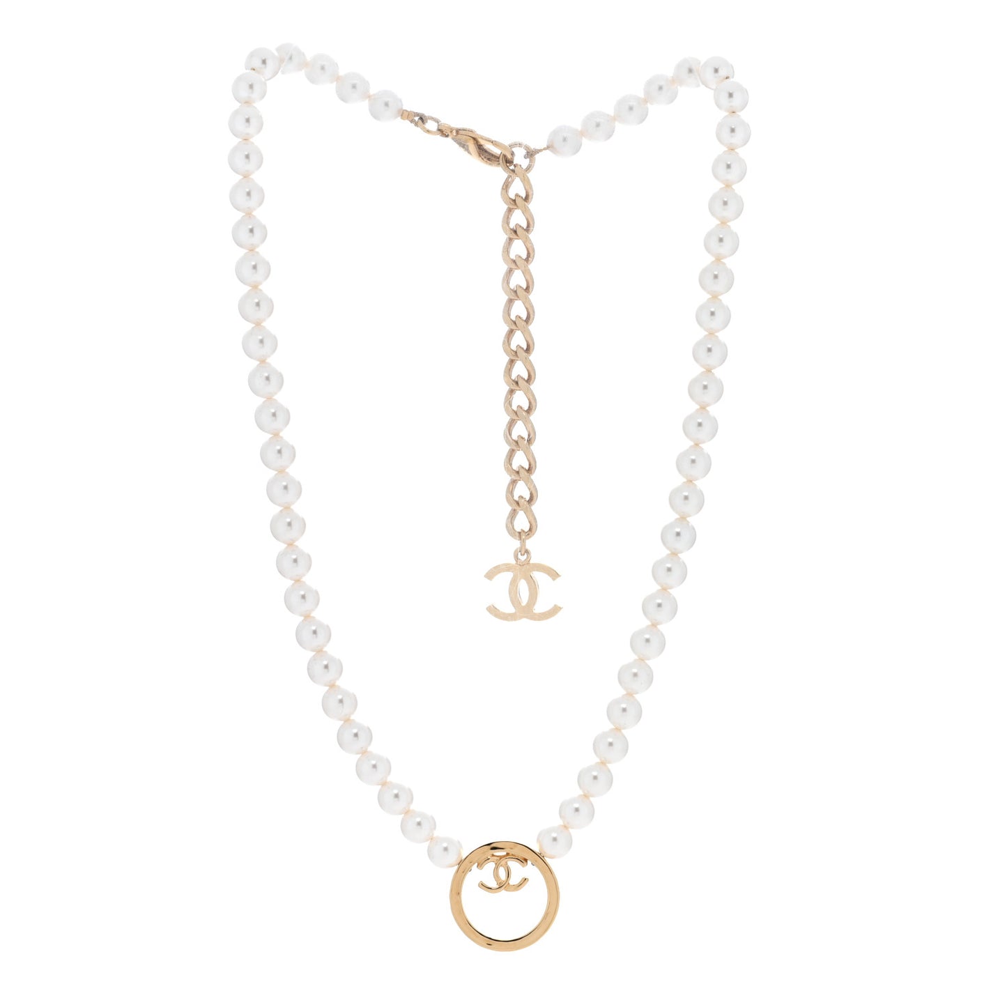 Pearl CC Round Long Necklace Gold White
