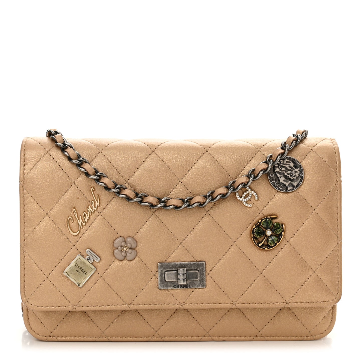 Aged Calfskin Lucky Charms Casino 2.55 Reissue Wallet on Chain WOC Beige