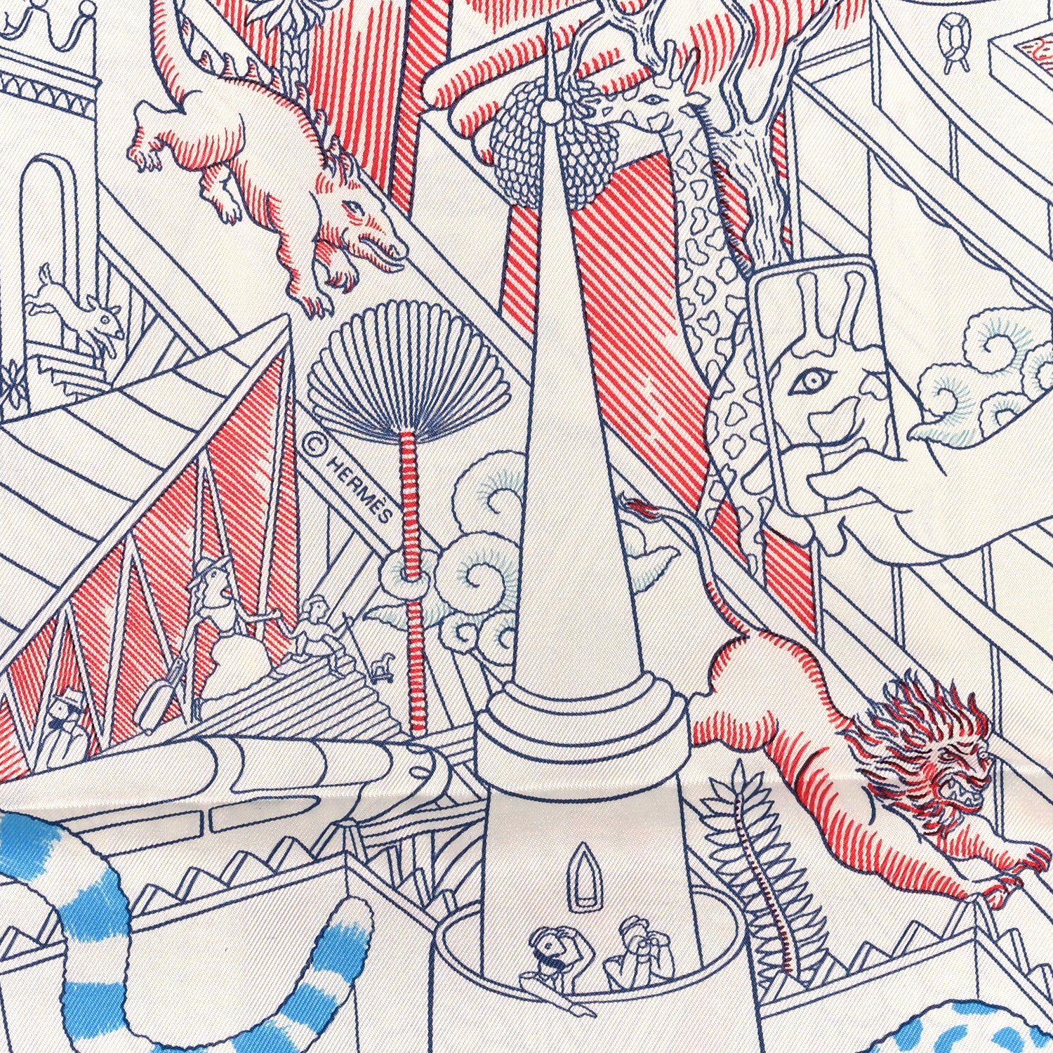 Hermes Silk Animapolis Scarf 90 White Bleu Azur Rouge 3 of 3