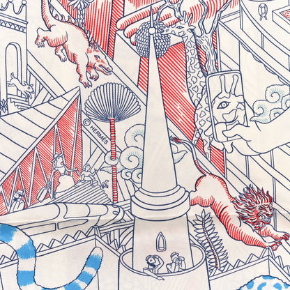 Hermes Silk Animapolis Scarf 90 White Bleu Azur Rouge 3 of 3