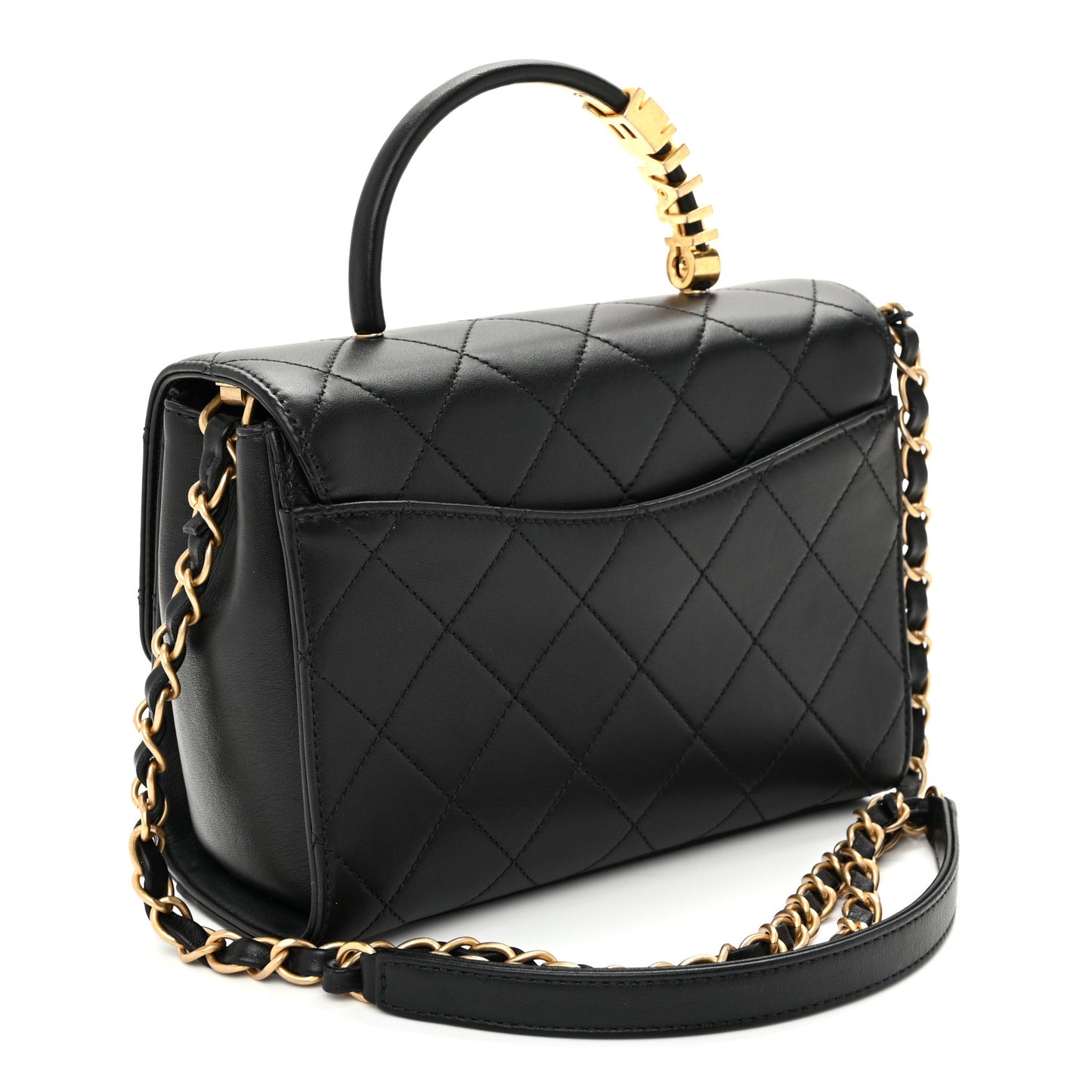 Lambskin Stitched Pearl Logo Top Handle Flap Black Black