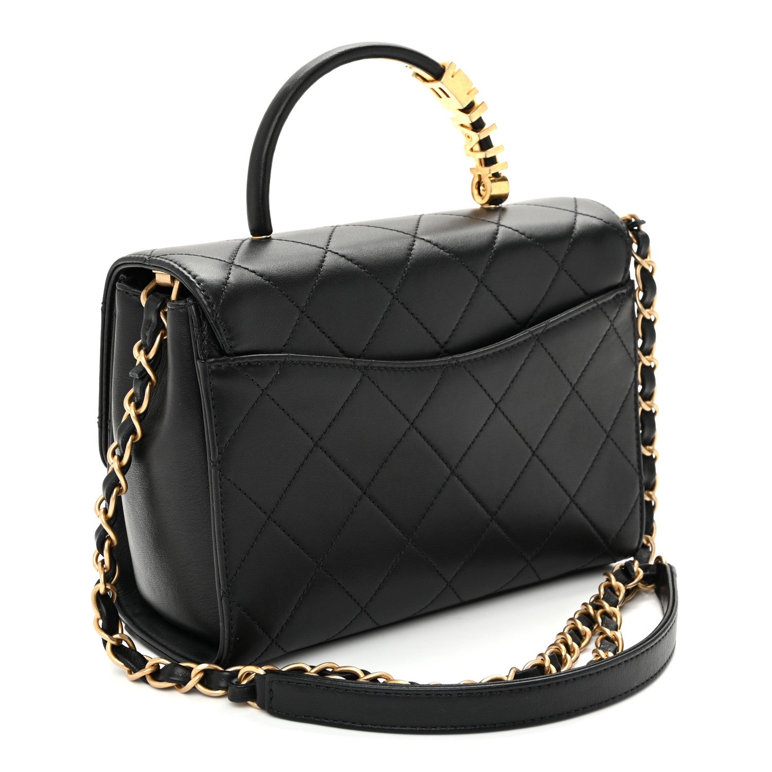 Chanel Lambskin Stitched Pearl Logo Top Handle Flap Black Black 3 of 10