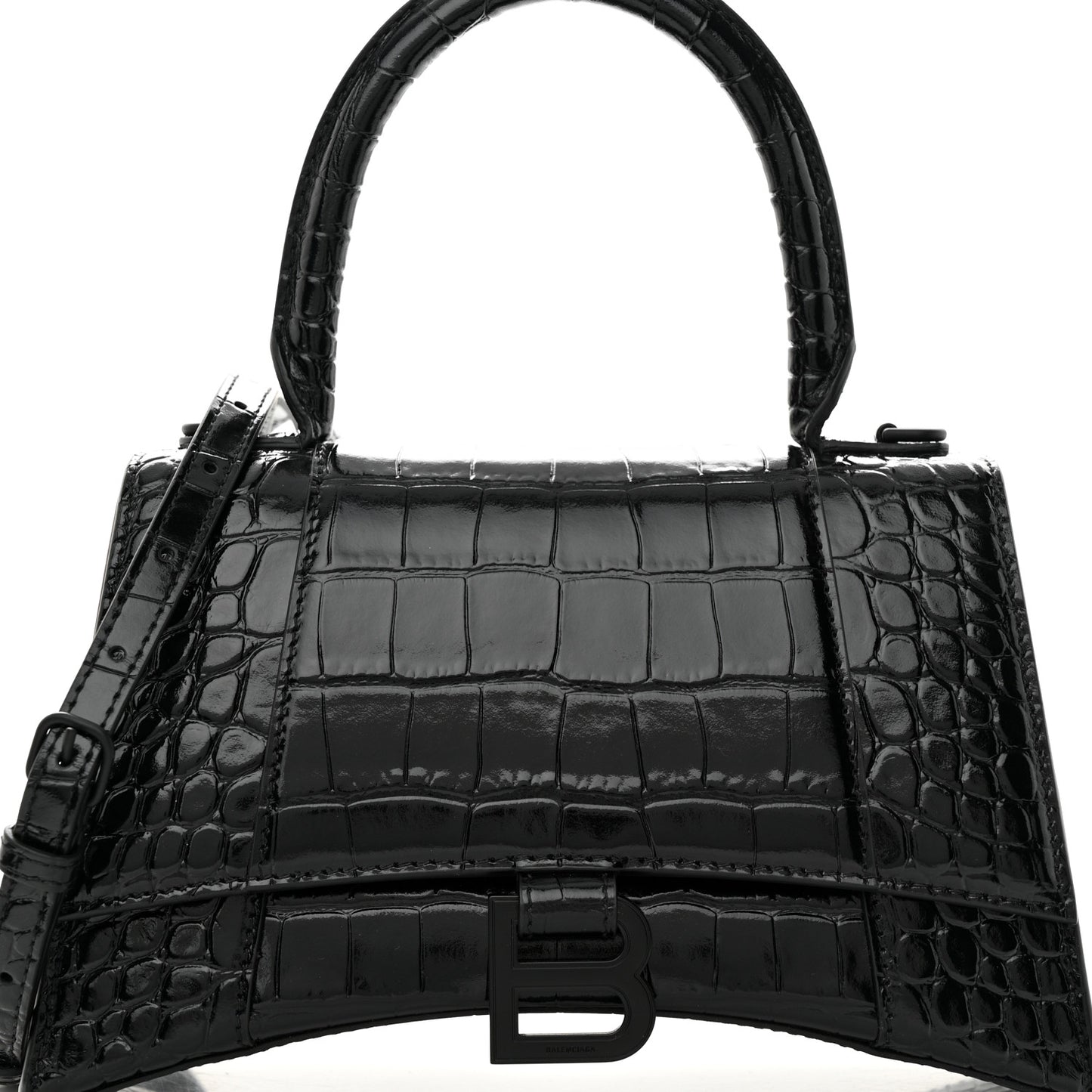 Shiny Calfskin Monochrome Crocodile Embossed Small Hourglass Top Handle Bag Black