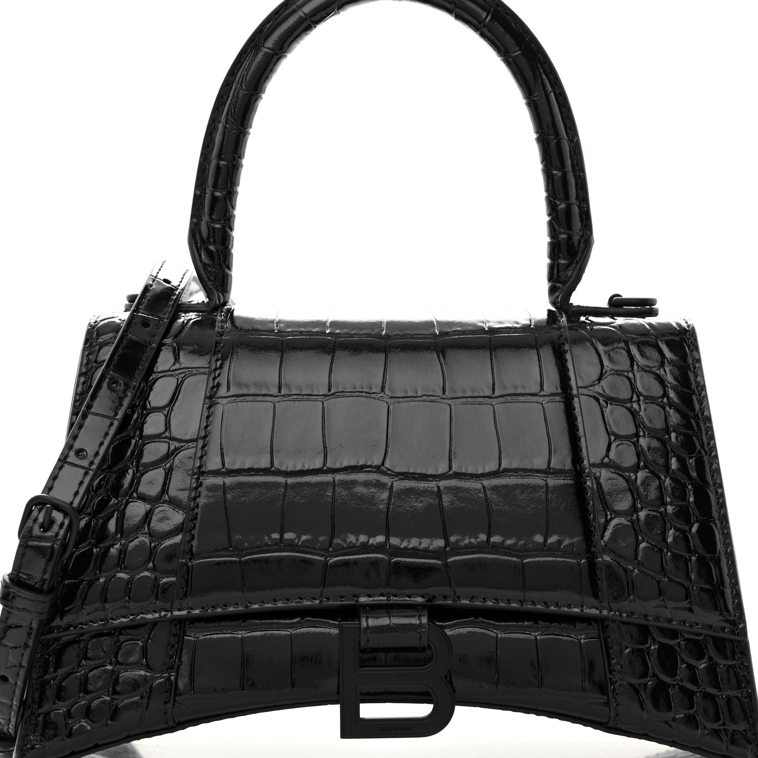 Balenciaga Shiny Calfskin Monochrome Crocodile Embossed Small Hourglass Top Handle Bag Black 7 of 10