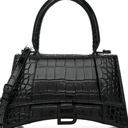 Balenciaga Shiny Calfskin Monochrome Crocodile Embossed Small Hourglass Top Handle Bag Black 7 of 10