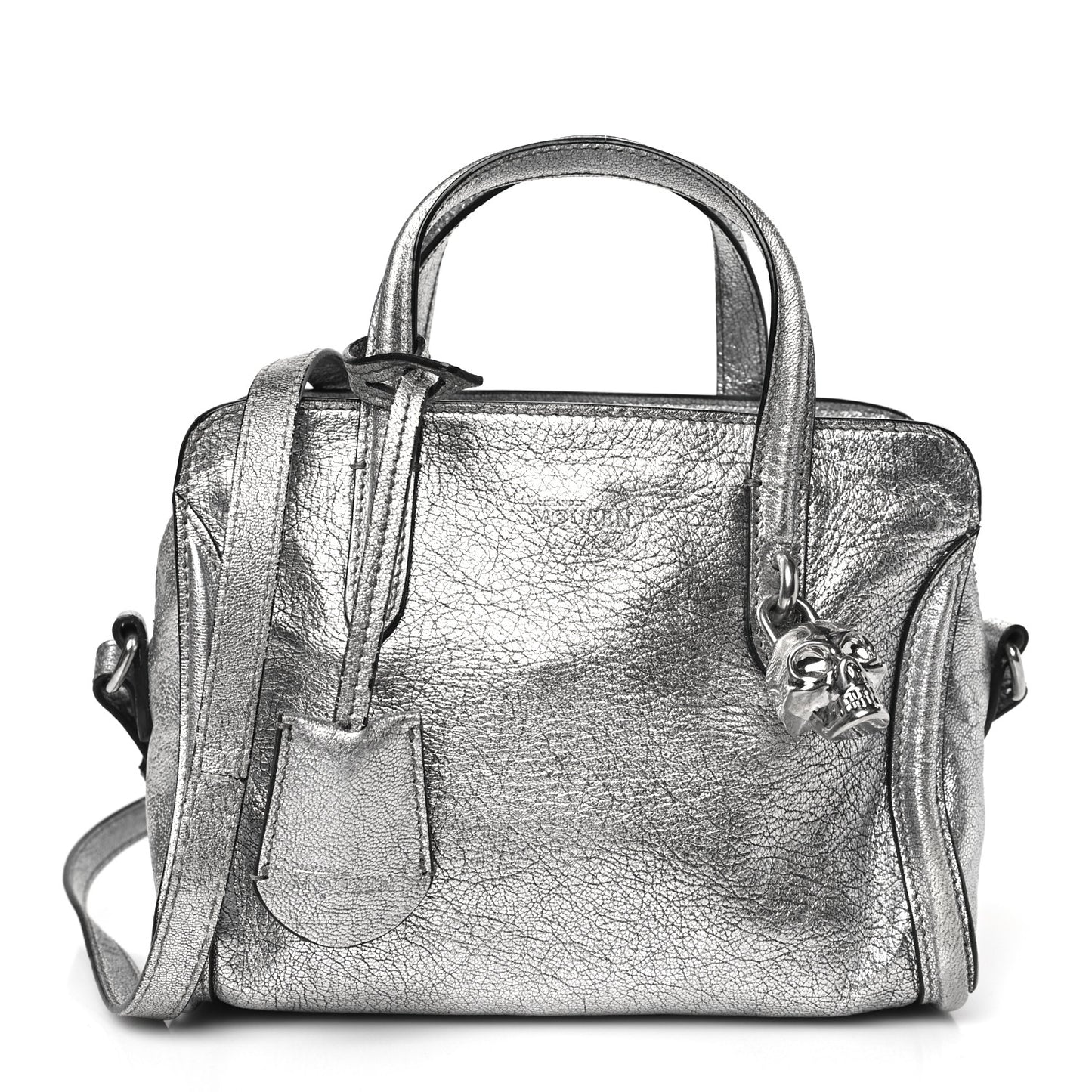 Metallic Pebbled Calfskin Mini Padlock Tote Silver
