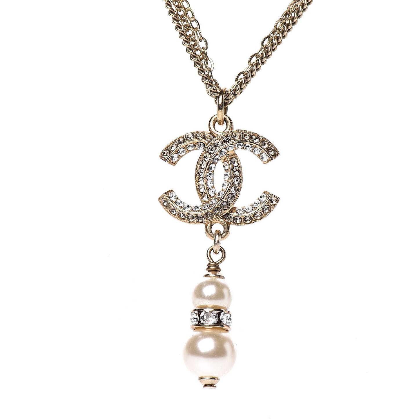 Pearl Crystal CC Drop Necklace Gold