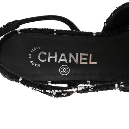 Chanel Tweed Sequins Corduroy Cap Toe CC Slingback Pumps 38 Black White 7 of 14