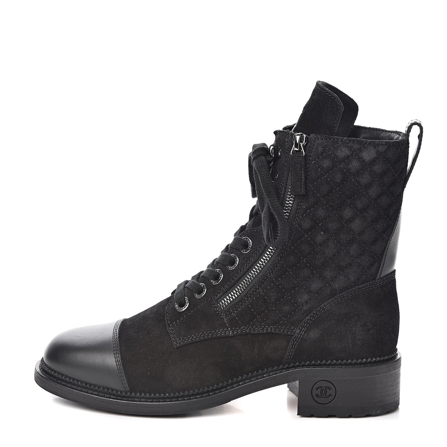 Chanel Suede Quilted CC Lace Up Combat Boots 40 Black 1 of 9
