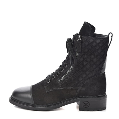 Chanel Suede Quilted CC Lace Up Combat Boots 40 Black 1 of 9