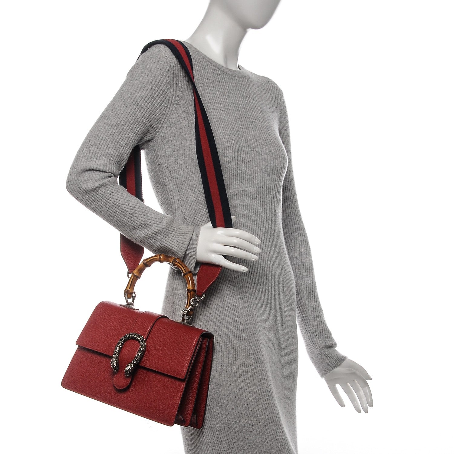 Gucci Dollar Calfskin Crystal Web Medium Dionysus Bamboo Top Handle Bag Hibiscus Red Black Diamond 2 of 7