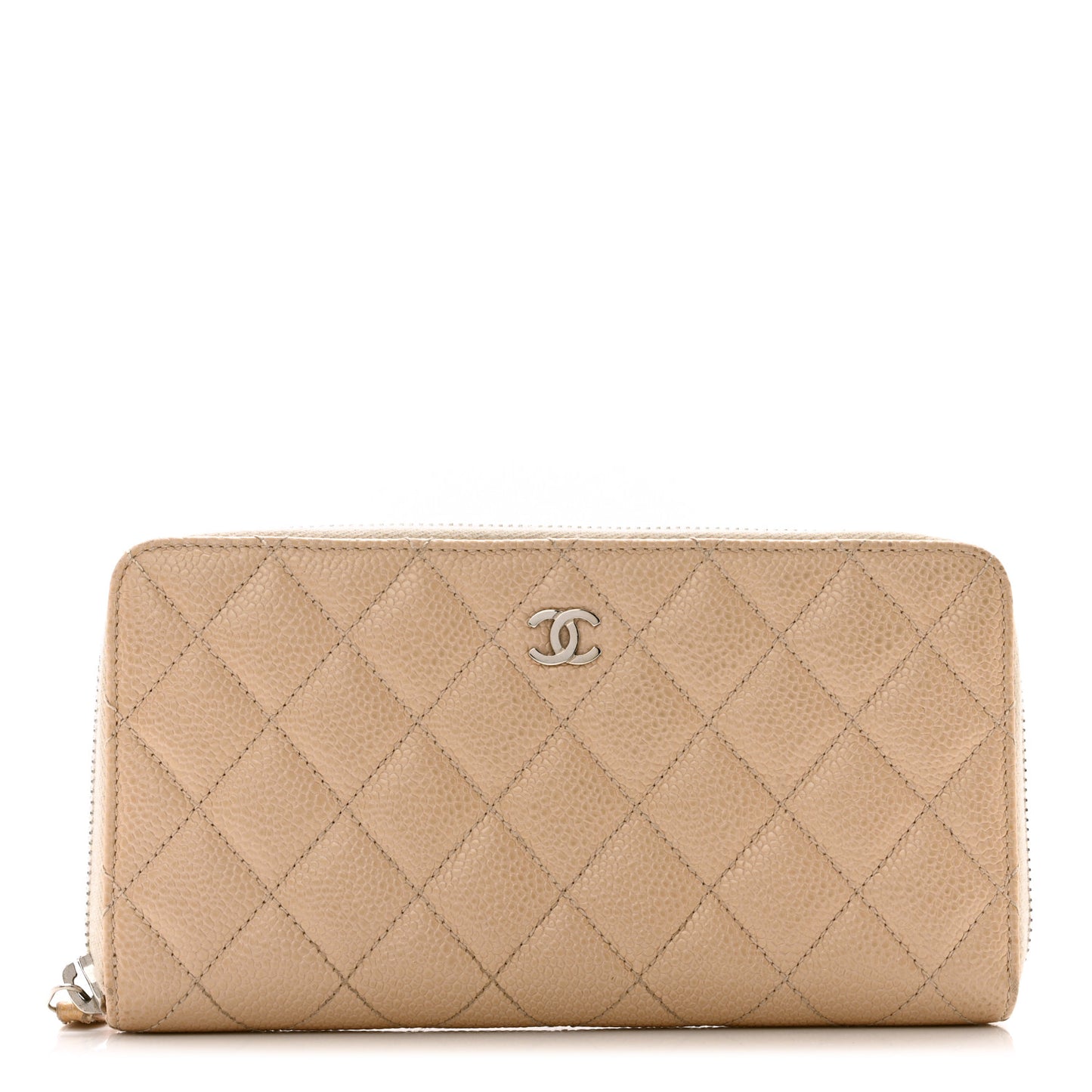 Iridescent Caviar Quilted Large Gusset Zip Around Wallet Beige Clair