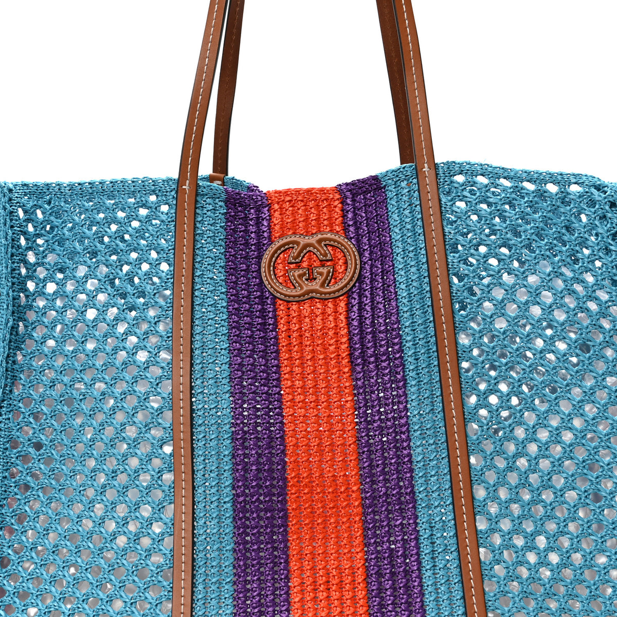 Gucci Raffia Web Woven Interlocking G Tote Blue Multicolor 8 of 10