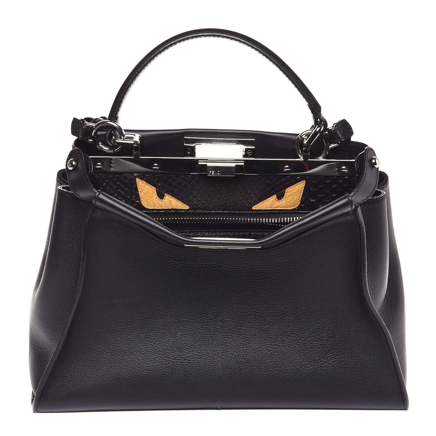 Fendi Vitello Seta Python Crocodile Monster Eyes Medium Peekaboo Iconic Satchel Black Girasole 1 of 10