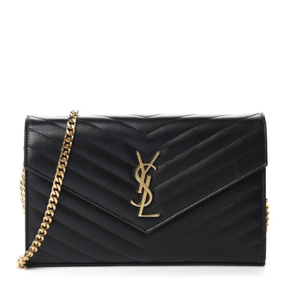 Saint Laurent Grain De Poudre Matelasse Chevron Monogram Chain Wallet Black 1 of 12