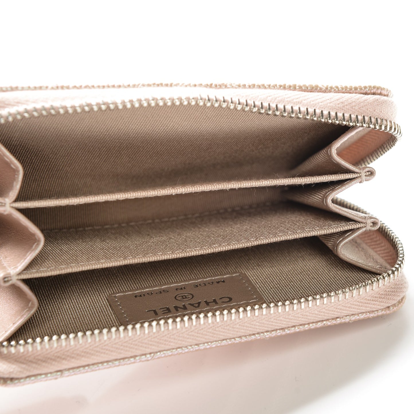 Metallic Caviar Chevron Quilted Zip Around Coin Purse Light Gold