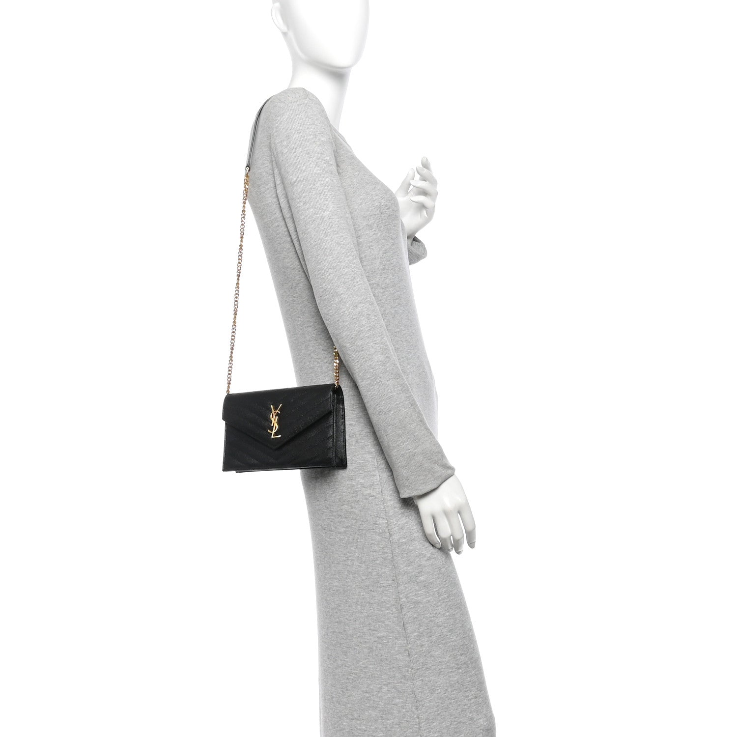 Saint Laurent Grain De Poudre Matelasse Chevron Monogram Envelope Chain Wallet Black 2 of 10
