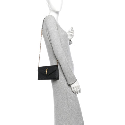 Saint Laurent Grain De Poudre Matelasse Chevron Monogram Envelope Chain Wallet Black 2 of 10