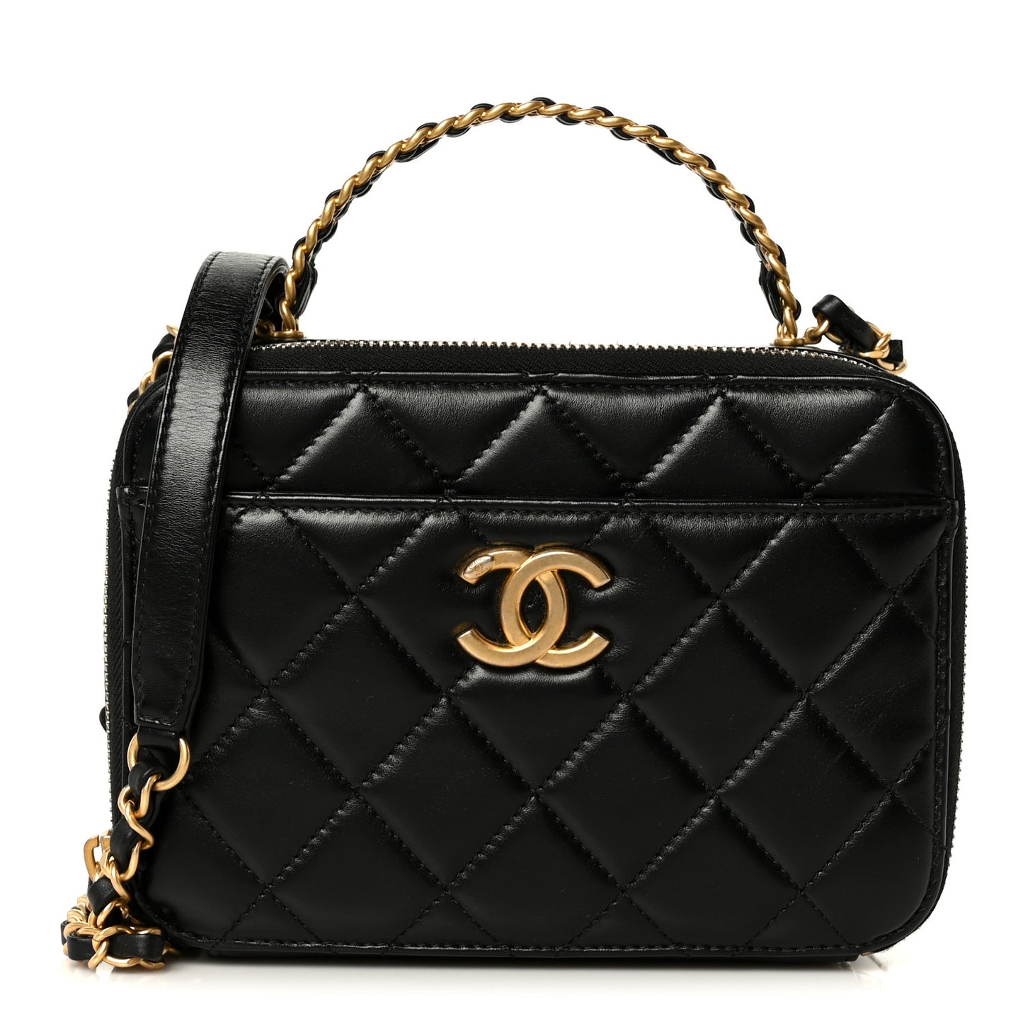Shiny Calfskin Quilted Top Handle Vanity Black