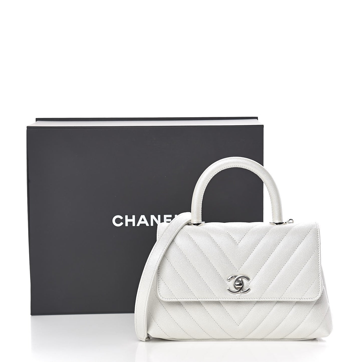 Iridescent Caviar Chevron Quilted Mini Coco Handle Flap White